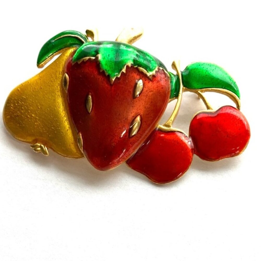 Vintage Enamel Fruit Pin - Pear, Strawberry & Cherries